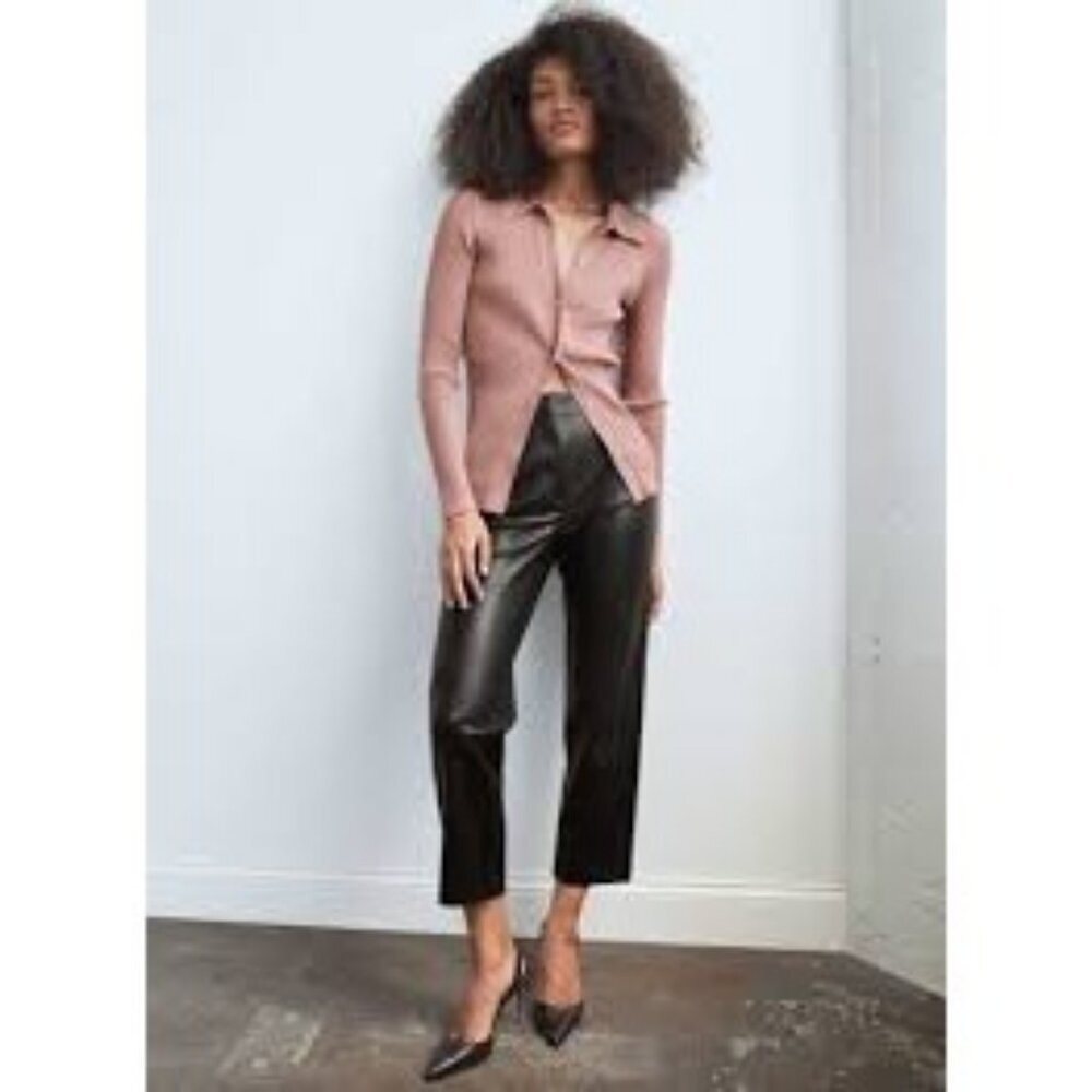 Babaton Command Cropped Pants Trouser Mid-rise Vegan Leather‎ Black Women 4 NWOT